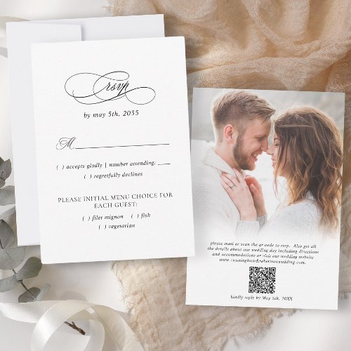 Elegant Wedding Photo QR Code Meal Modern Black RSVP Card