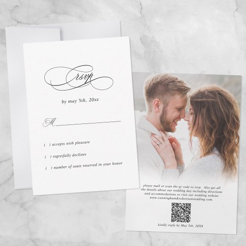 Elegant Wedding Photo QR Code Modern Minimal Black RSVP Card