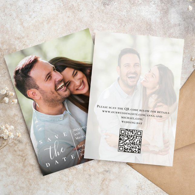 Elegant Wedding Photo Save the Date  (Wedding save-the-date photo card with a scannable QR code. )