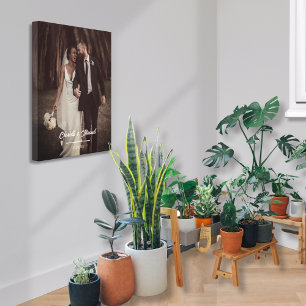 Elegant Wedding Photo Script Couple Names And Date Canvas Print