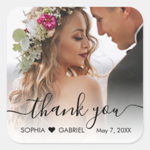 Elegant Wedding Photo Script Heart Thank You Square Sticker
