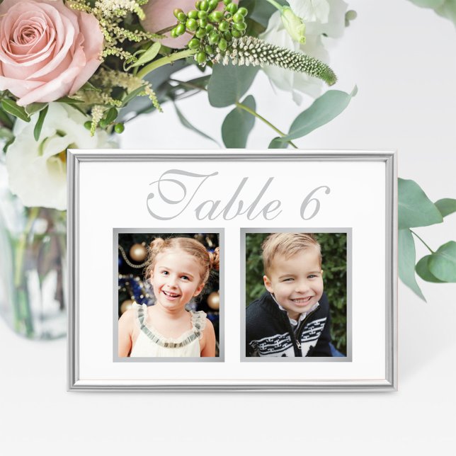Elegant Wedding Photo Silver White Table Number (Creator Uploaded)