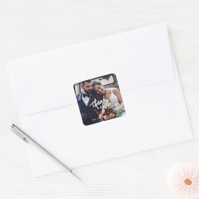 Elegant Wedding Photo Thank You Favor Square Sticker (Envelope)