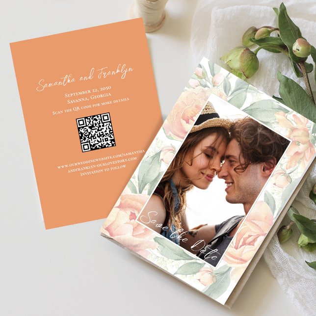 Elegant Wedding Photo Watercolor Floral Save The Date (Elegant peach floral wedding save the date photo card)