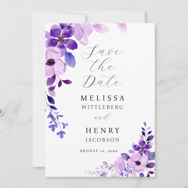 Elegant Wedding Pink Blue Purple Save the Date (Front)