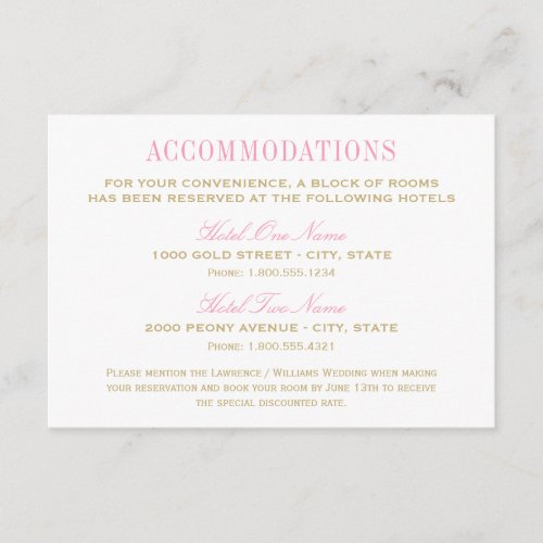 Wedding Accommodation Card | Pink and Gold