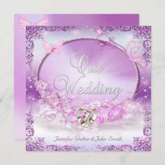 Elegant Wedding Pink Lilac Rings Butterfly Invitation
