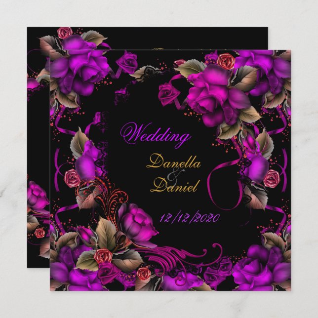 Elegant Wedding Pink Plum Rose Black Invitation (Front/Back)