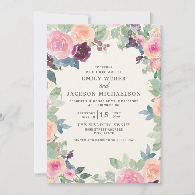 Elegant Wedding Pink Purple Watercolor Floral Invitation (Front)