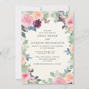 Elegant Wedding Pink Purple Watercolor Floral Invitation