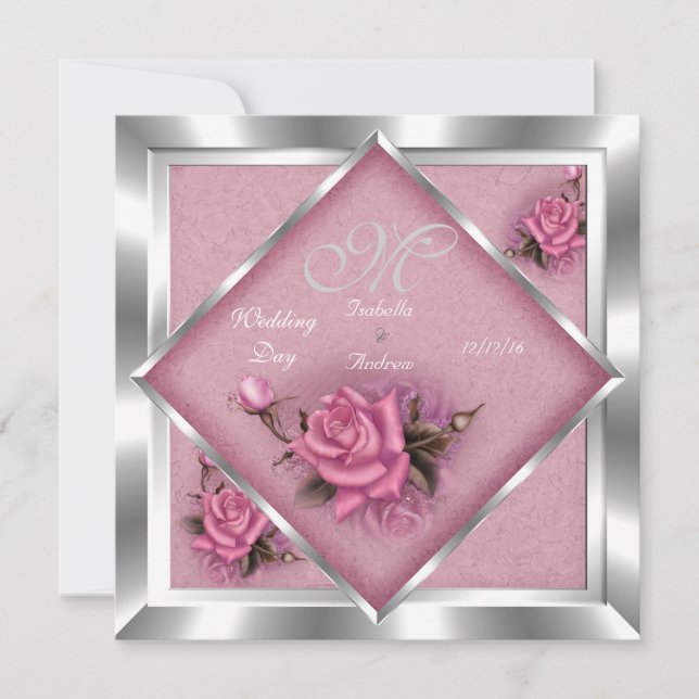 Elegant Wedding Pink Rose Silver Bouquet Invitation (Front)
