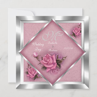 Elegant Wedding Pink Rose Silver Bouquet Invitation