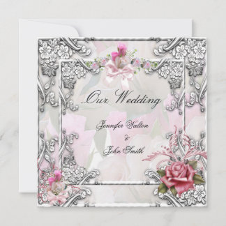 Elegant Wedding Pink Rose Silver White Invitation