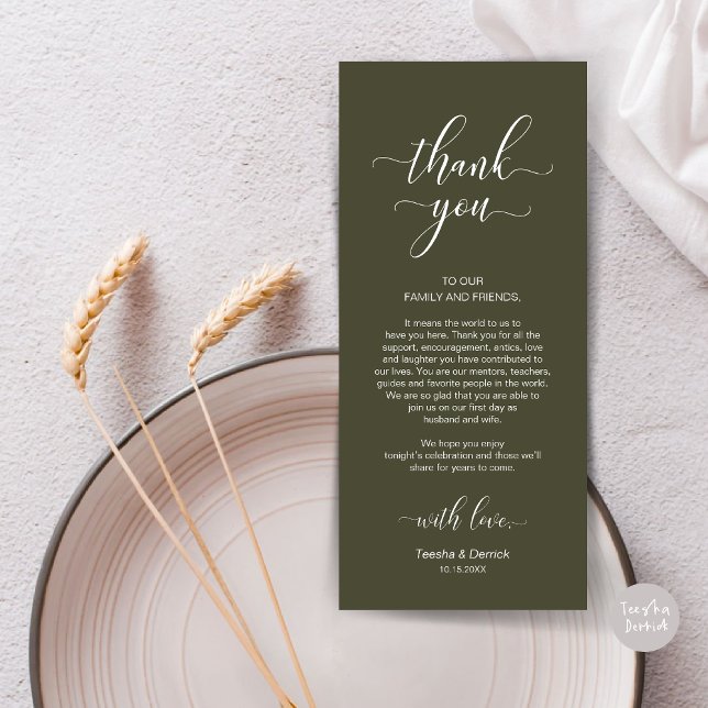 Elegant Wedding Place Setting Thank You Card (Wedding Dinner Place Setting Thank You Card, in Modern Classy, Olive Green)