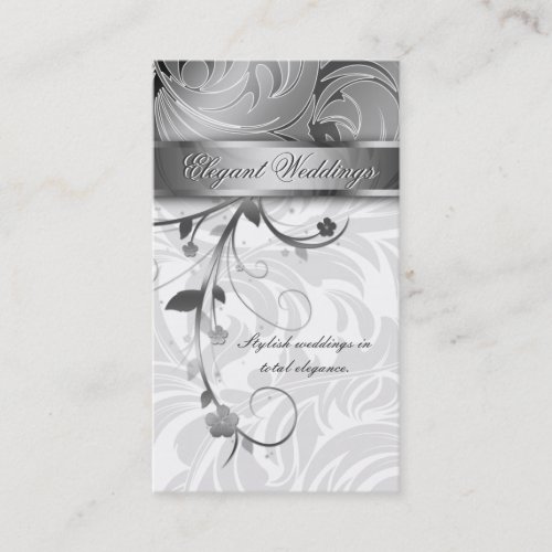 Elegant Wedding Planner Floral Leaf Silver Business Card Templates