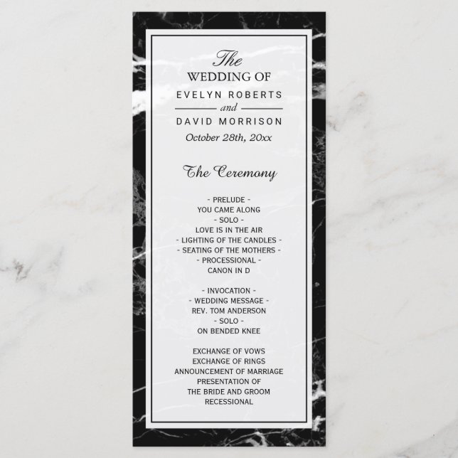 Elegant Wedding Program | Black White Marble (Front)