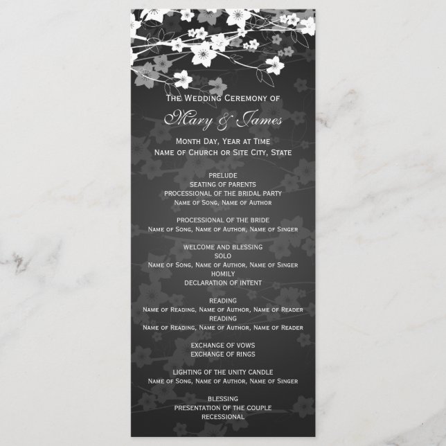 Elegant Wedding Program Cherry Blossom Black (Front)