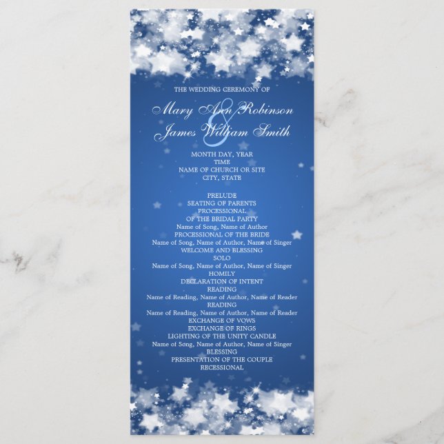 Elegant Wedding Program Dazzling Stars Blue (Front)