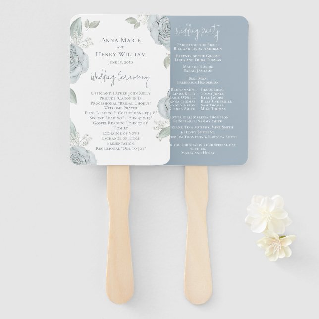 Elegant Wedding Program Dusty Blue Floral Hand Fan (Front and Back)