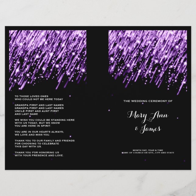 Elegant Wedding Program Falling Stars Purple (Front)