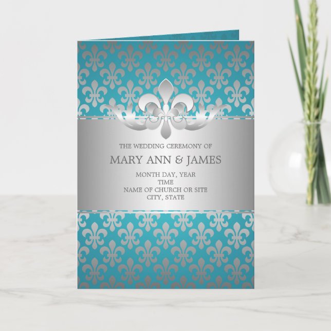 Elegant Wedding Program Fleur De Lis Blue (Front)