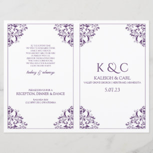 Elegant Wedding Program - Foldover Booklet- Plum