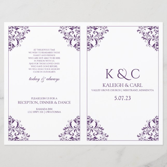 Elegant Wedding Program  - Foldover Booklet- Plum (Front)