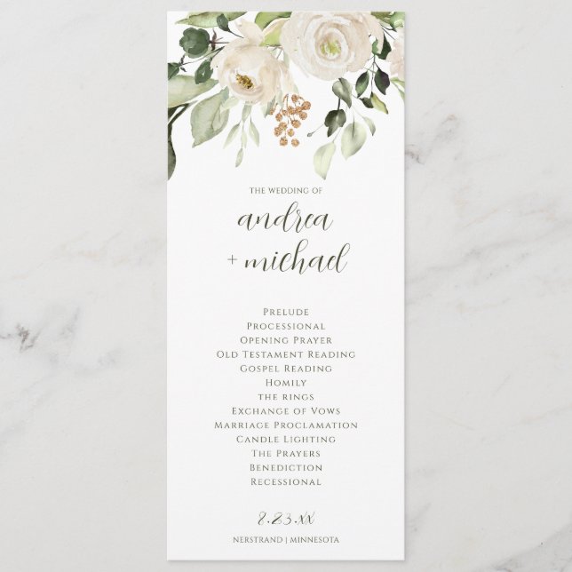 Elegant Wedding Program Greenery White Floral (Front)