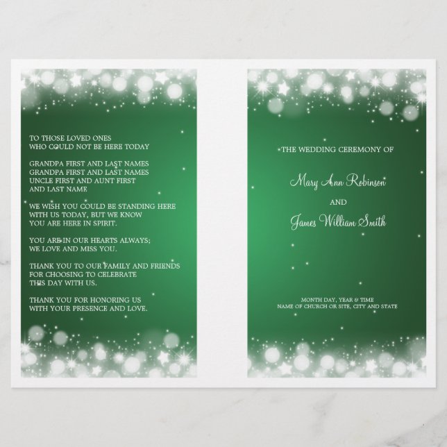 Elegant Wedding Program  Magic Sparkle Green (Front)