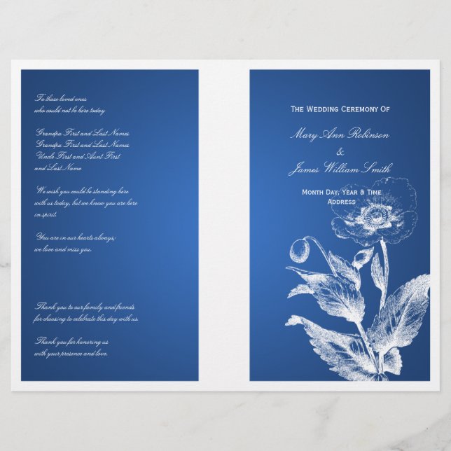 Elegant Wedding Program Poppy Blue (Front)