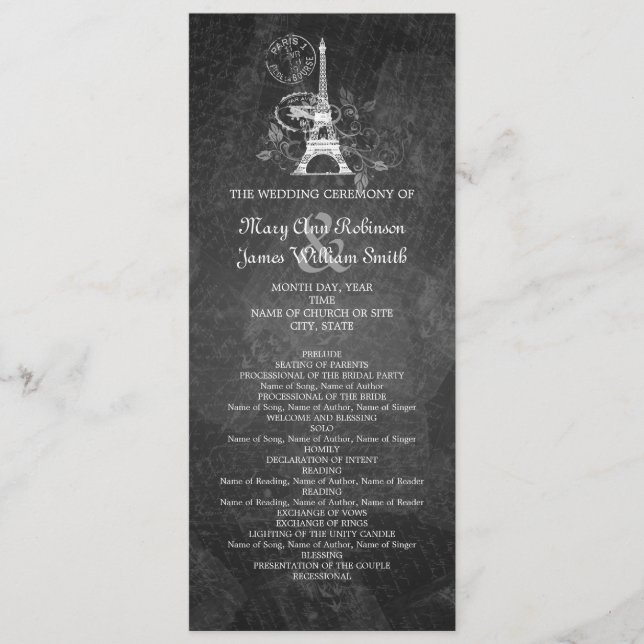 Elegant Wedding Program Romantic Paris Black (Front)
