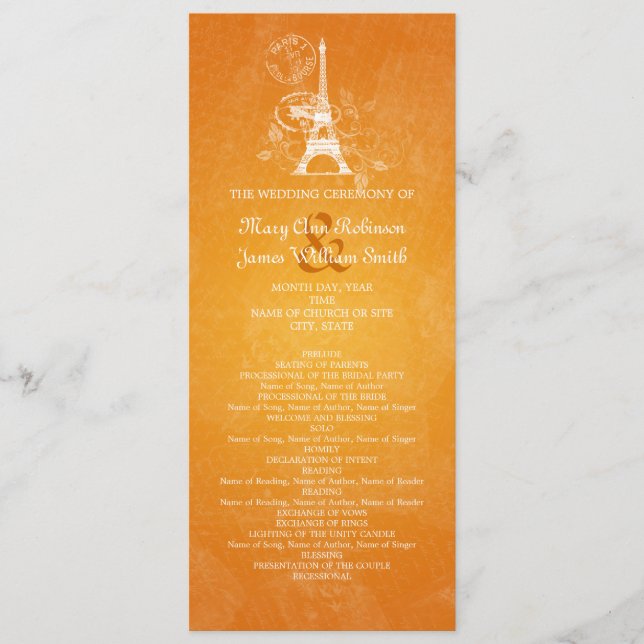 Elegant Wedding Program Romantic Paris Orange (Front)
