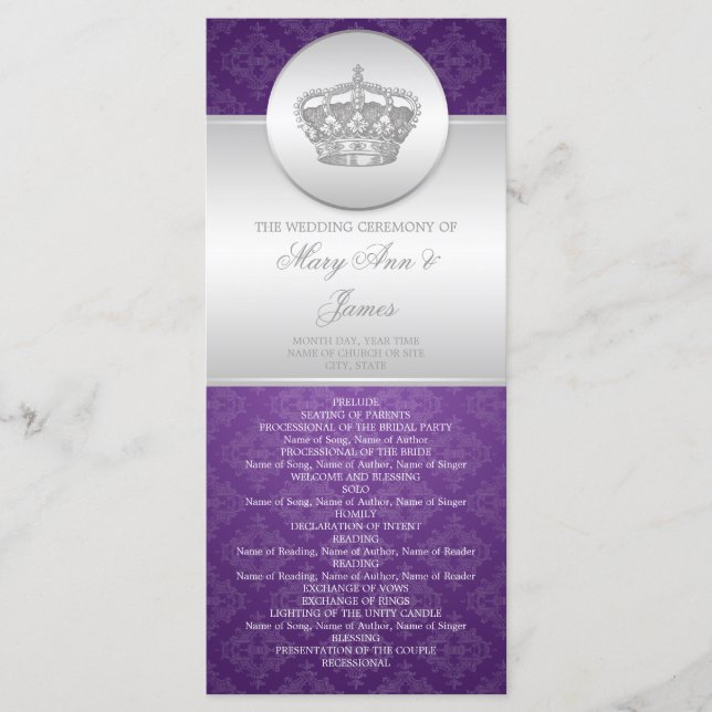 Elegant Wedding Program Royal Crown Purple (Front)