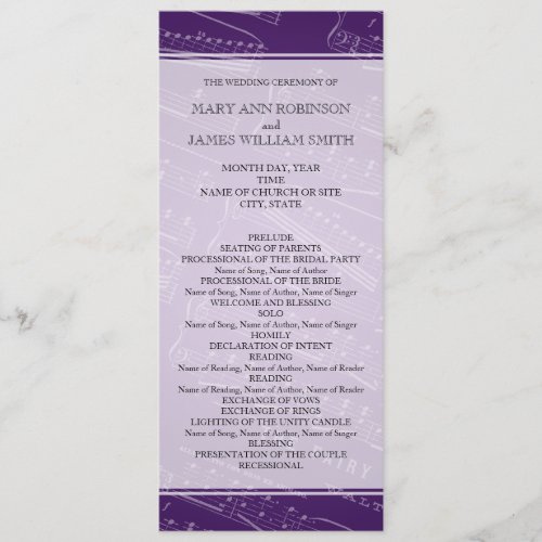 Elegant Wedding Program Sheet Music Purple