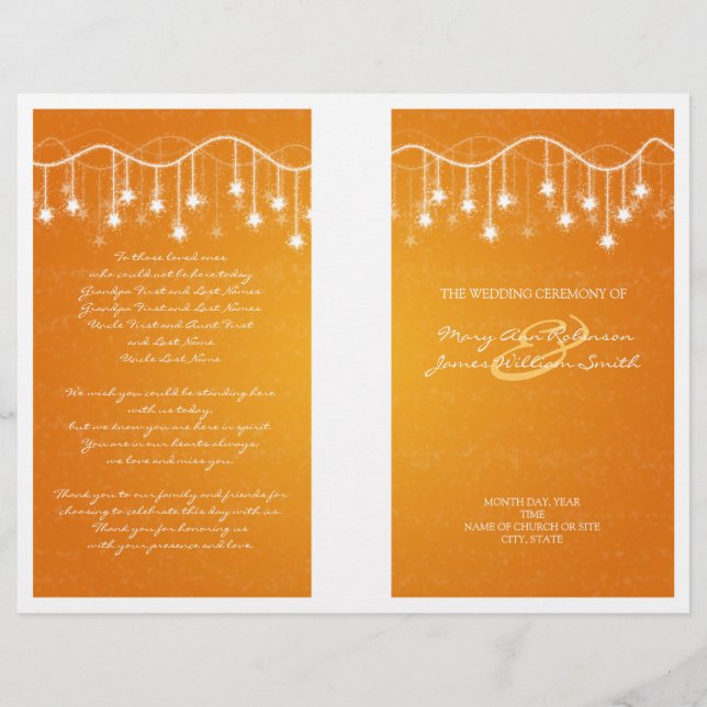 Elegant Wedding Program Shimmering Stars Orange (Front)
