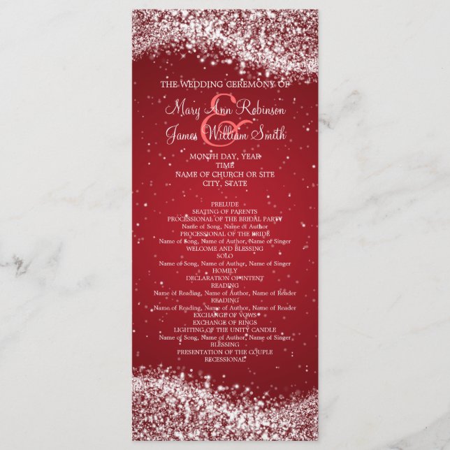 Elegant Wedding Program Sparkling Wave Red (Front)
