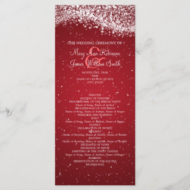 Elegant Wedding Program Sparkling Wave Red (Front)