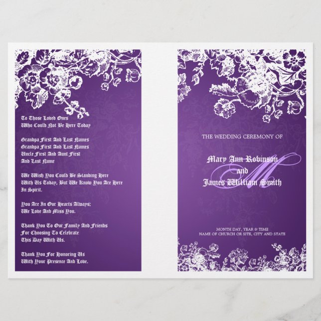 Elegant Wedding Program Victorian Flourish Purple (Front)