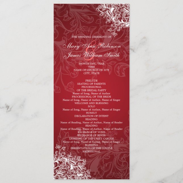 Elegant Wedding Program Vintage Swirls Red (Front)