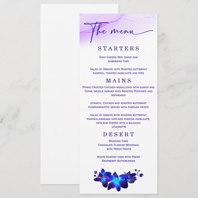 Elegant Wedding Purple and Blue Orchid Wedding Menu (Front/Back)