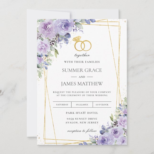 Elegant Wedding Purple Lilac Floral Gold Rings Invitation (Front)
