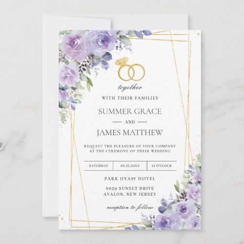 Elegant Wedding Purple Lilac Floral Gold Rings Invitation