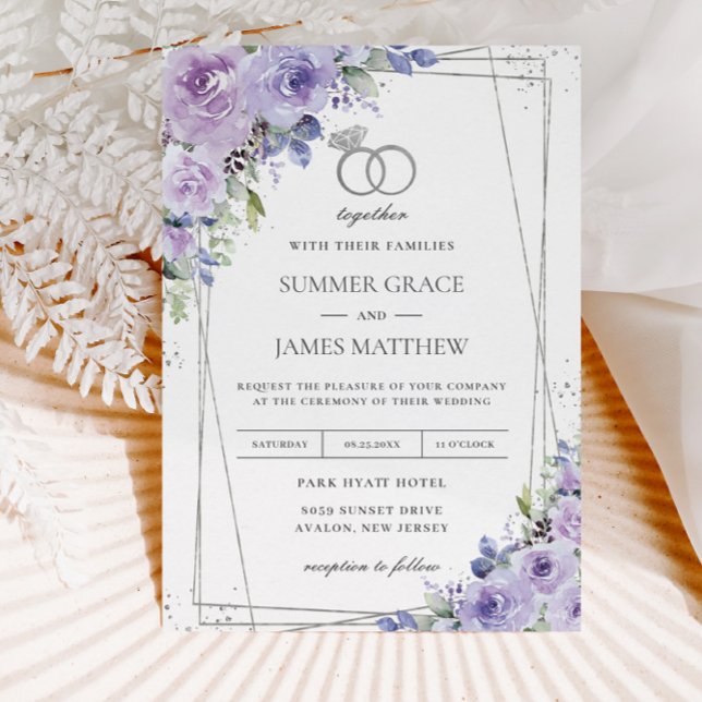 Elegant Wedding Purple Lilac Floral Silver Rings Invitation (Creator Uploaded)
