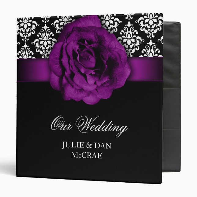 Elegant Wedding Purple Rose Damask Black White 3 Ring Binder (Front/Inside)