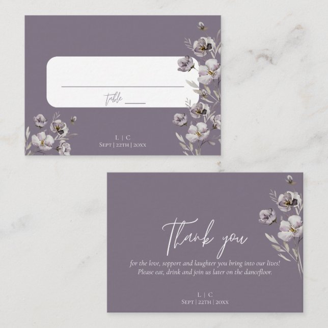 Elegant wedding purple watercolor thank you place card (Front/Back)