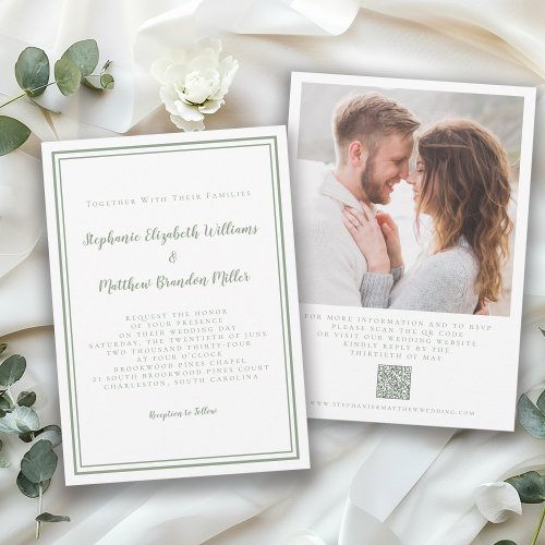 Elegant Wedding QR Code Photo Classic Sage Green  Invitation