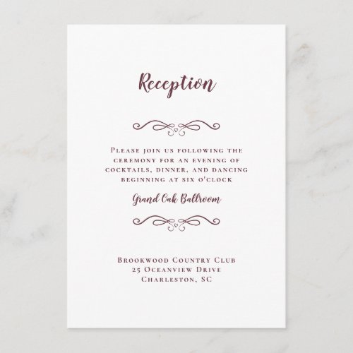 Elegant Wedding Reception Burgundy White Chic Enclosure Card