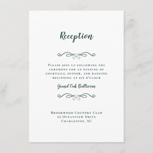 Elegant Wedding Reception Emerald Green White Chic Enclosure Card