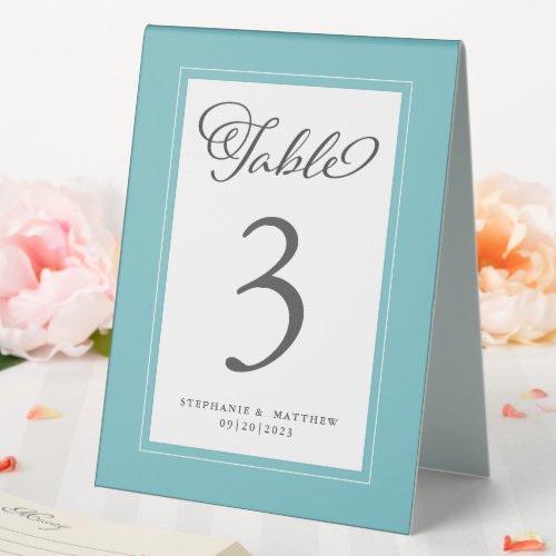 Elegant Wedding Reception Guest Table Number Aqua Table Tent Sign