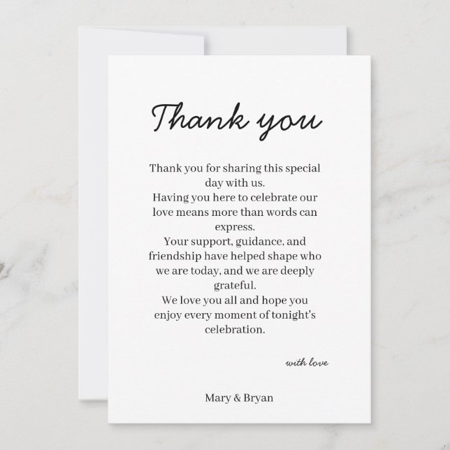 Elegant Wedding Reception Table Thank You Card (Front)